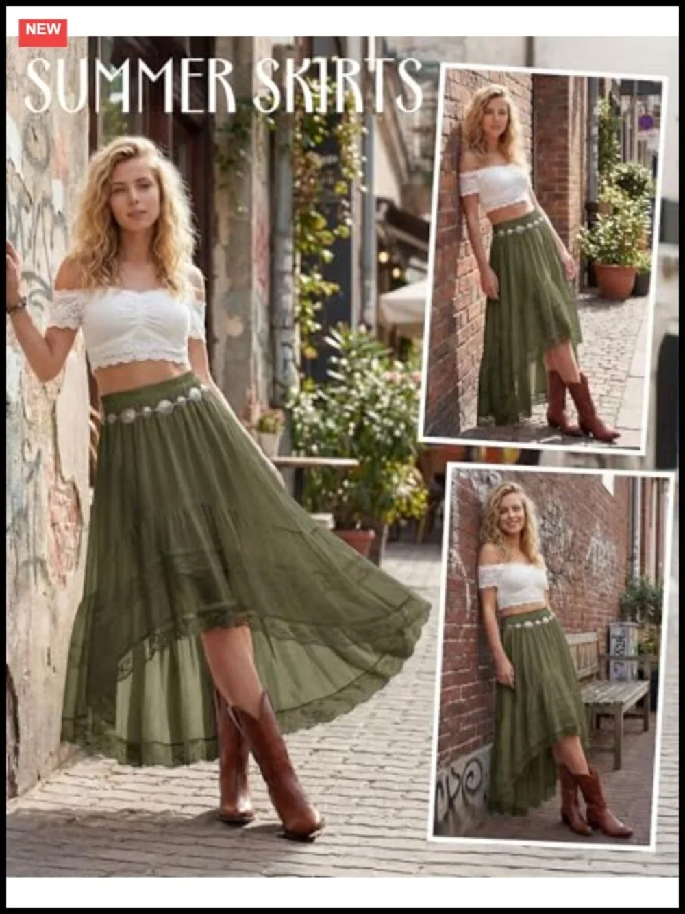 Women's High Low Lace Ruffle Boho Maxi Skirt, Elastic Waist Asymmetrical